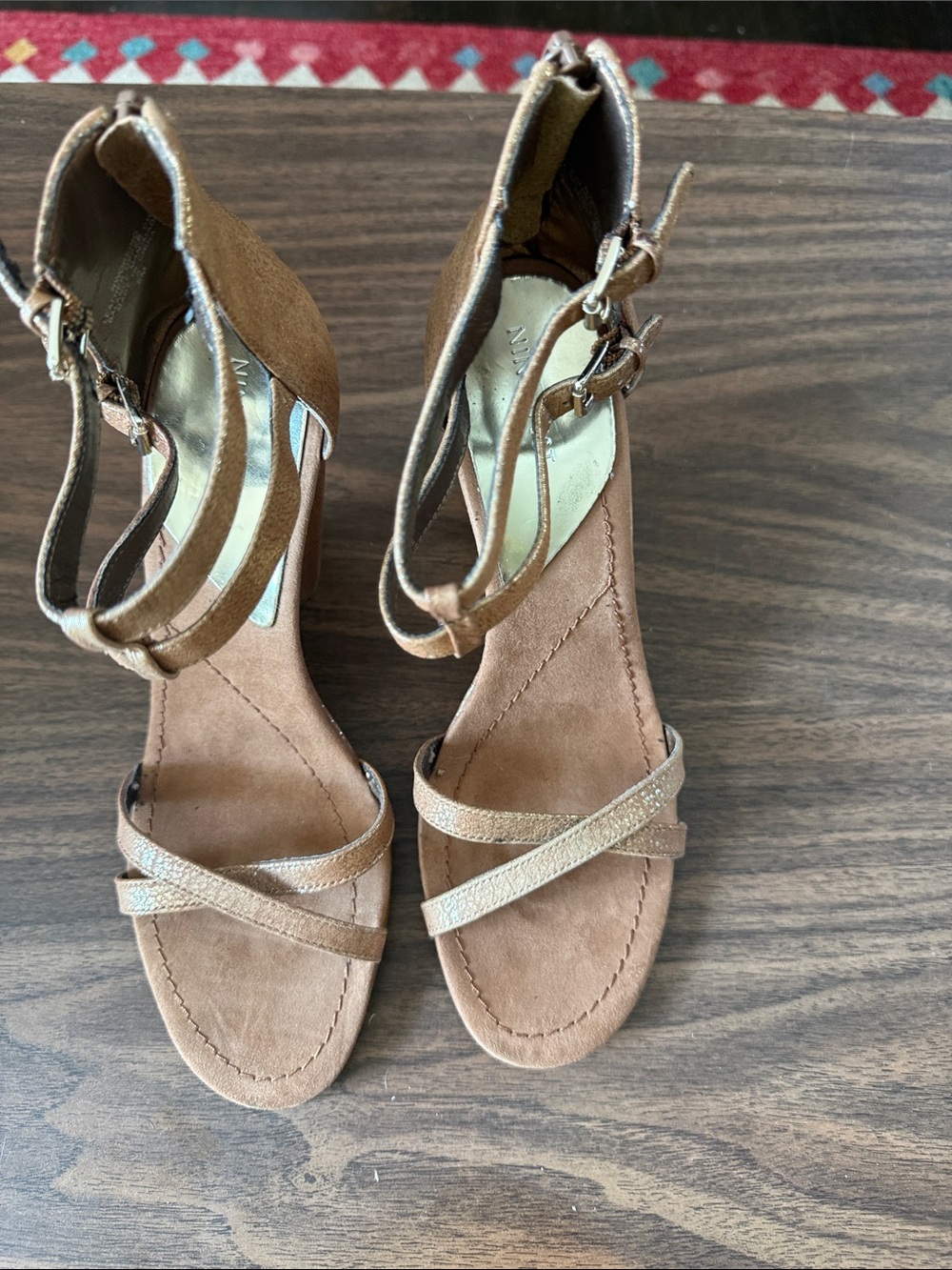 Nine West Tan Brown Wedge Sandals with Metallic Straps